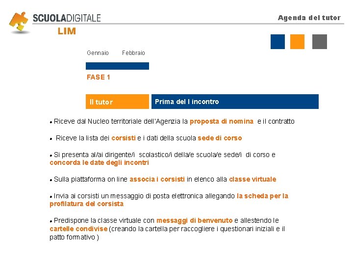 Agenda del tutor Gennaio Febbraio FASE 1 Il tutor Prima del I incontro Riceve