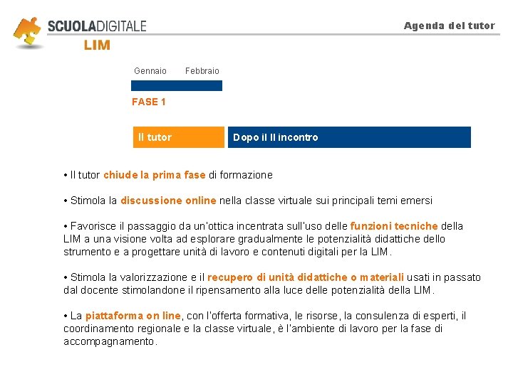 Agenda del tutor Gennaio Febbraio FASE 1 Il tutor Dopo il II incontro •