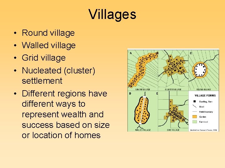 Villages • • Round village Walled village Grid village Nucleated (cluster) settlement • Different