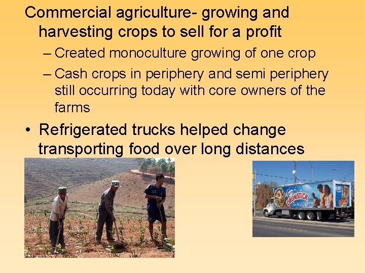 Commercial agriculture- growing and harvesting crops to sell for a profit – Created monoculture