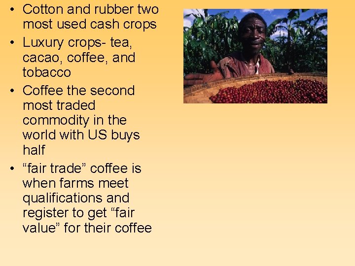  • Cotton and rubber two most used cash crops • Luxury crops- tea,