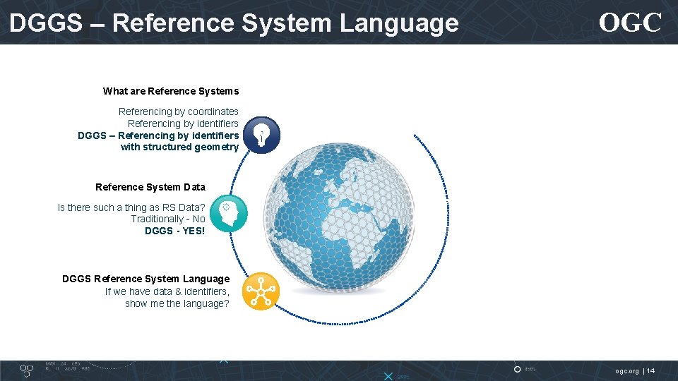 DGGS – Reference System Language OGC What are Reference Systems Referencing by coordinates Referencing