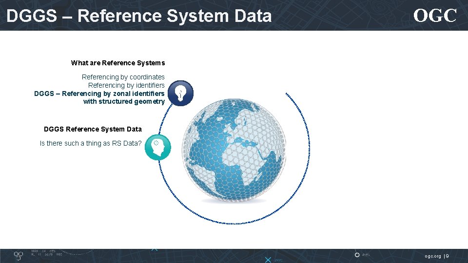 DGGS – Reference System Data OGC What are Reference Systems Referencing by coordinates Referencing