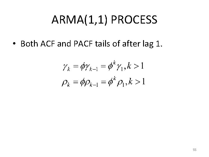 ARMA(1, 1) PROCESS • Both ACF and PACF tails of after lag 1. 55