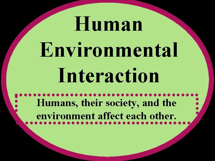 Human Environmental Interaction Humans, their society, and the environment affect each other. 