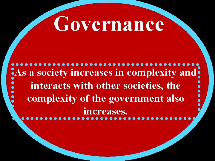 Governance As a society increases in complexity and interacts with other societies, the complexity