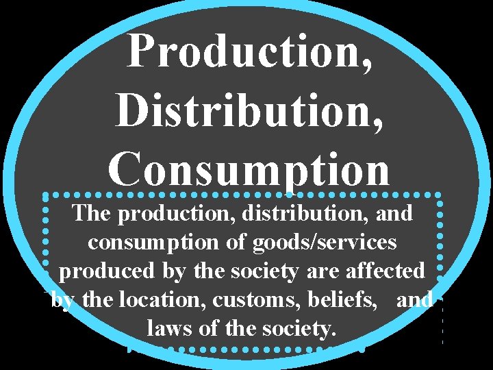 Production, Distribution, Consumption The production, distribution, and consumption of goods/services produced by the society