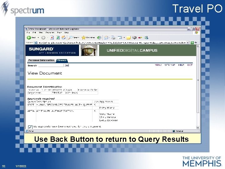 Travel PO Use Back Button to return to Query Results 32 1/7/2022 