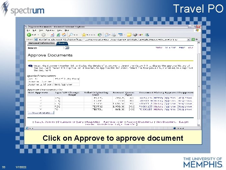 Travel PO Click on Approve to approve document 33 1/7/2022 