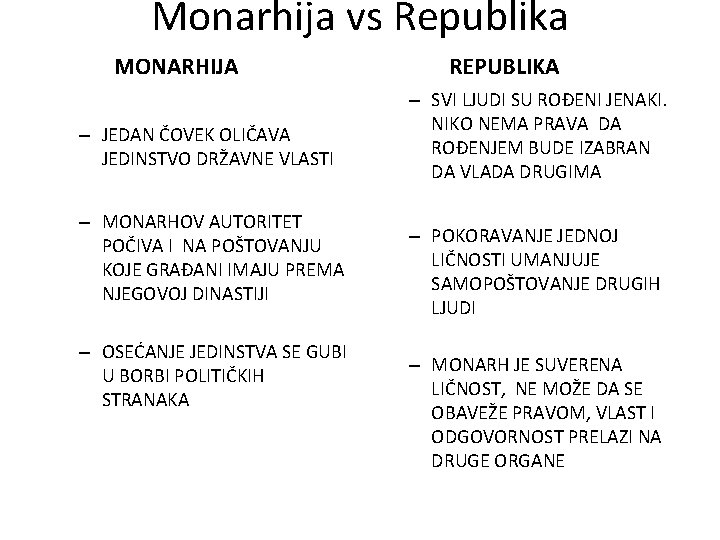 Monarhija vs Republika MONARHIJA – JEDAN ČOVEK OLIČAVA JEDINSTVO DRŽAVNE VLASTI – MONARHOV AUTORITET