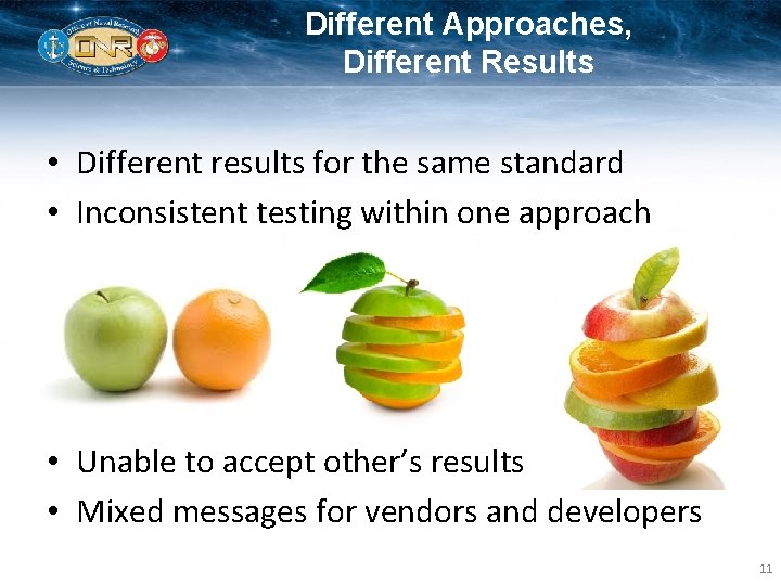 Different Approaches, Different Results • Different results for the same standard • Inconsistent testing