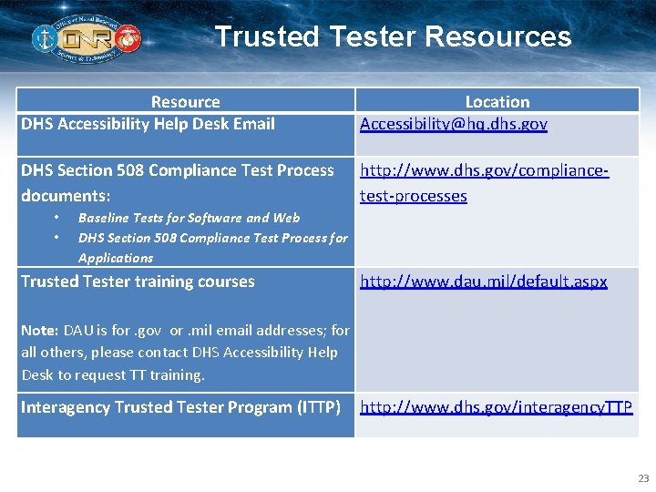 Trusted Tester Resources Resource DHS Accessibility Help Desk Email Location Accessibility@hq. dhs. gov DHS