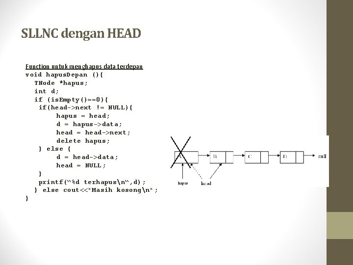 SLLNC dengan HEAD Function untuk menghapus data terdepan void hapus. Depan (){ TNode *hapus;