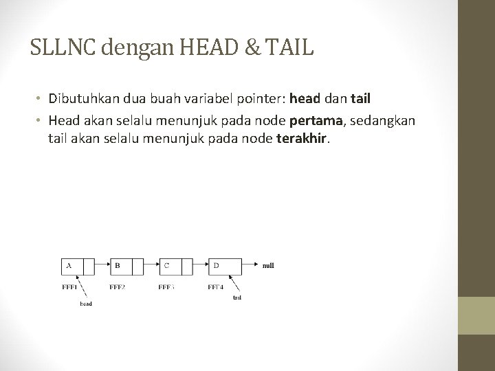 SLLNC dengan HEAD & TAIL • Dibutuhkan dua buah variabel pointer: head dan tail