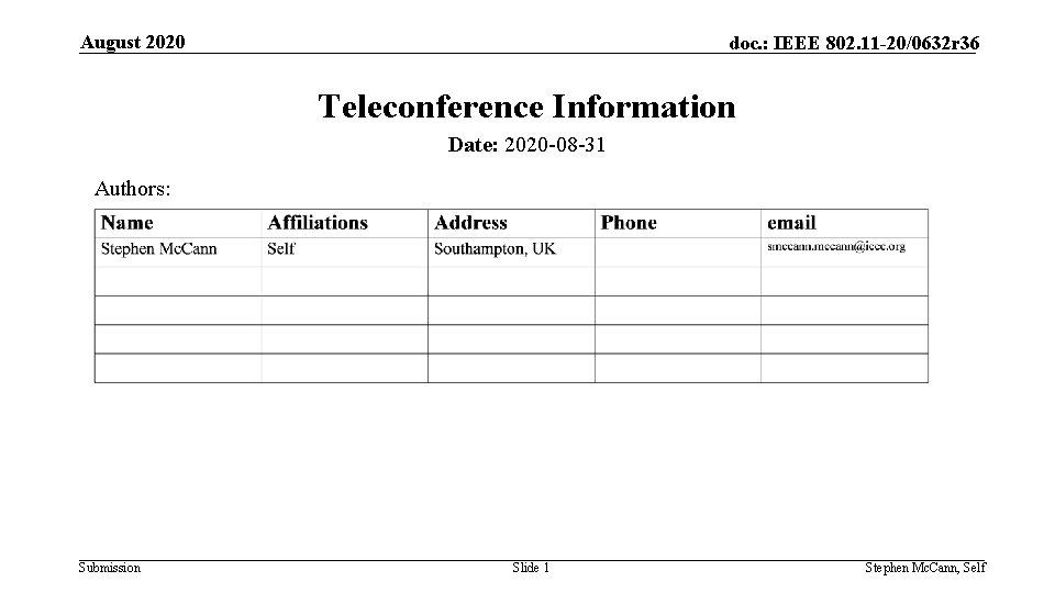 August 2020 doc. : IEEE 802. 11 -20/0632 r 36 Teleconference Information Date: 2020