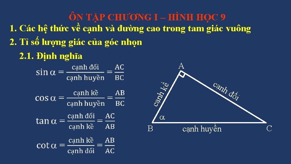 ÔN TẬP CHƯƠNG I – HÌNH HỌC 9 1. Các hệ thức về cạnh