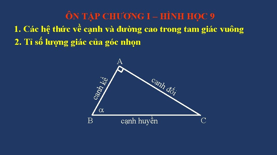 ÔN TẬP CHƯƠNG I – HÌNH HỌC 9 1. Các hệ thức về cạnh