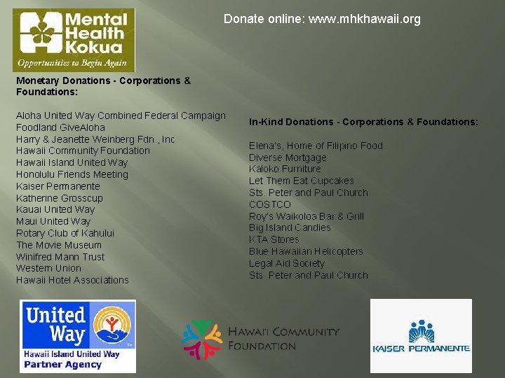 Donate online: www. mhkhawaii. org Monetary Donations - Corporations & Foundations: Aloha United Way