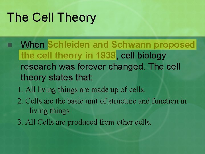 The Cell Theory n When Schleiden and Schwann proposed the cell theory in 1838,