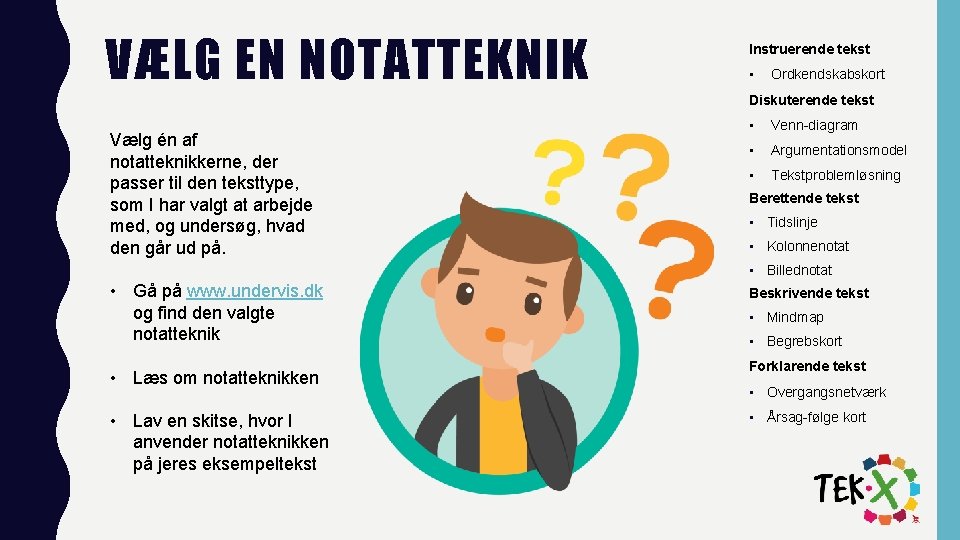 VÆLG EN NOTATTEKNIK Instruerende tekst • Ordkendskabskort Diskuterende tekst Vælg én af notatteknikkerne, der