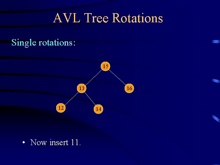 AVL Tree Rotations Single rotations: 15 13 12 • Now insert 11. 16 14