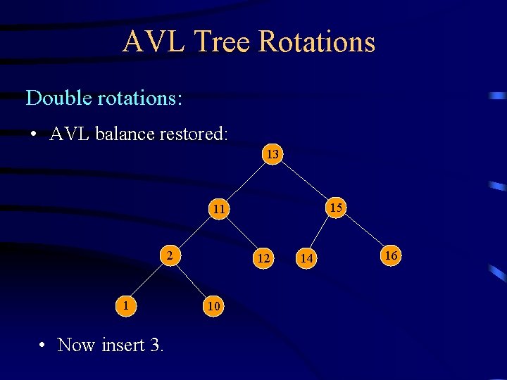 AVL Tree Rotations Double rotations: • AVL balance restored: 13 15 11 2 1