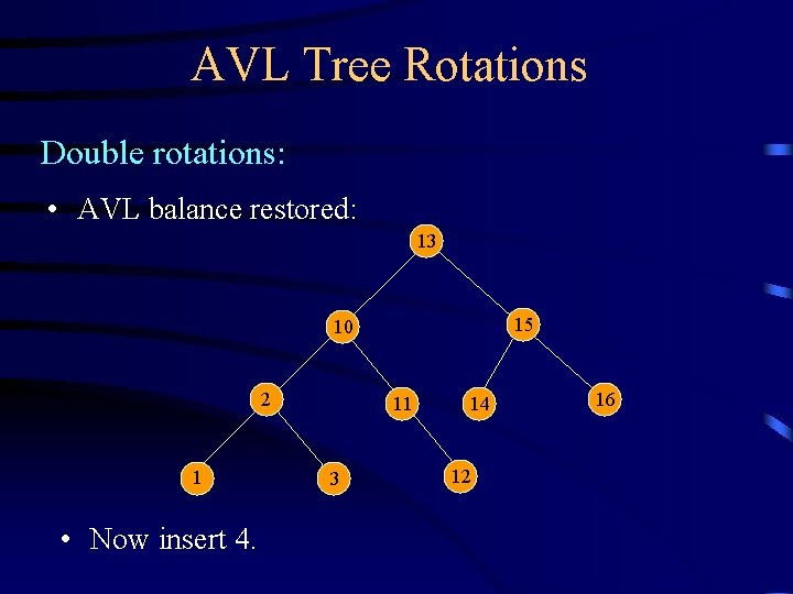AVL Tree Rotations Double rotations: • AVL balance restored: 13 15 10 2 1