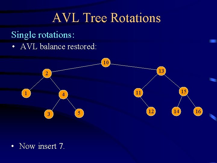 AVL Tree Rotations Single rotations: • AVL balance restored: 10 13 2 1 3