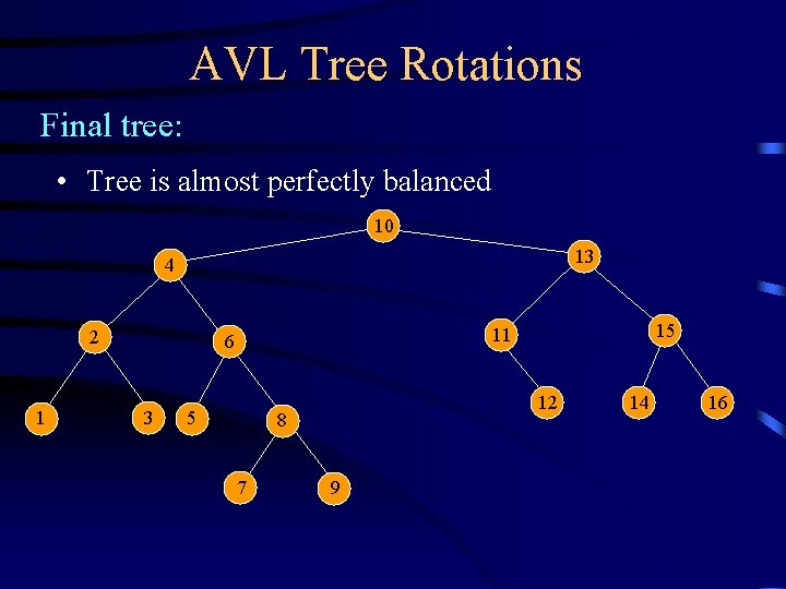 AVL Tree Rotations Final tree: • Tree is almost perfectly balanced 10 13 4