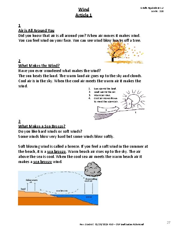 Wind Article 1 Grade Equivalent 1. 2 Lexile: 520 1 Air is All Around