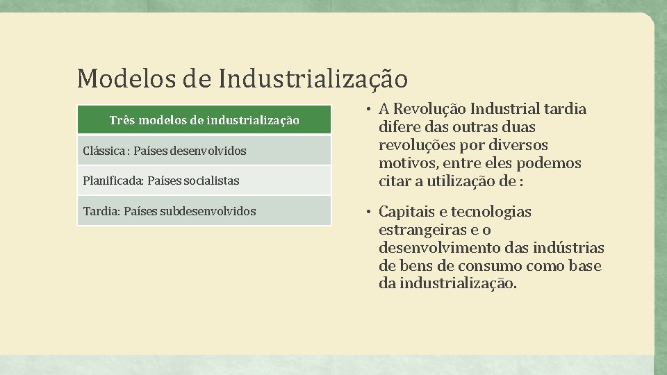 Modelos de Industrialização Três modelos de industrialização Clássica : Países desenvolvidos Planificada: Países socialistas