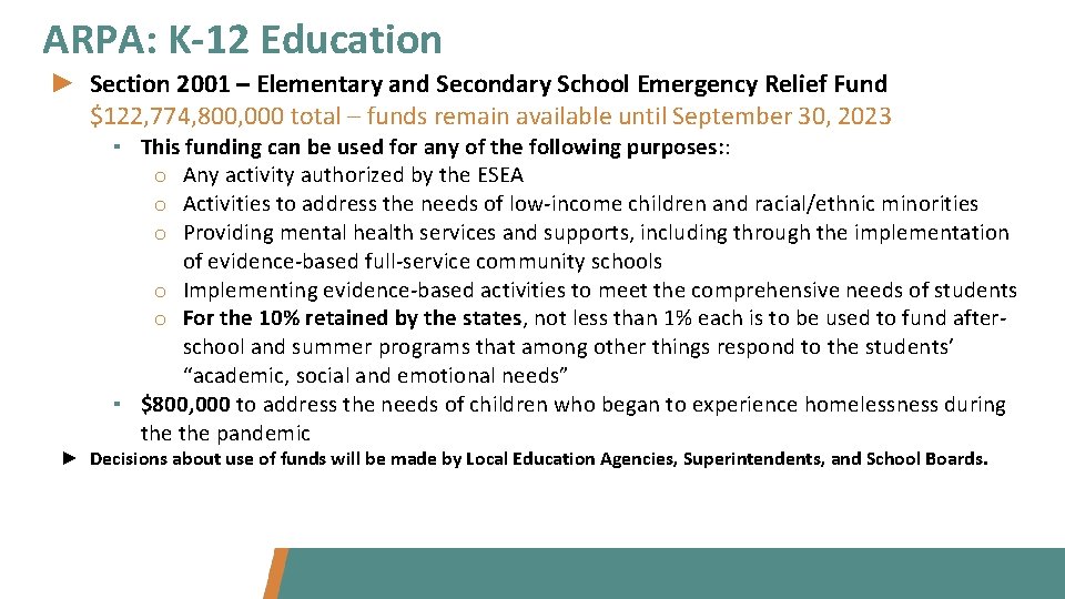 ARPA: K-12 Education ► Section 2001 – Elementary and Secondary School Emergency Relief Fund