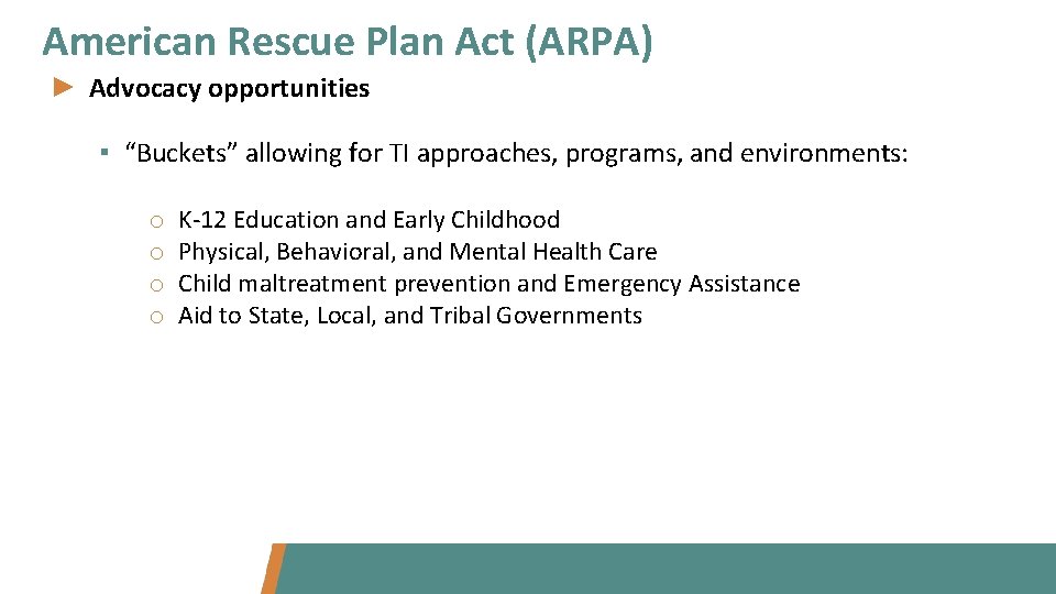 American Rescue Plan Act (ARPA) ► Advocacy opportunities ▪ “Buckets” allowing for TI approaches,