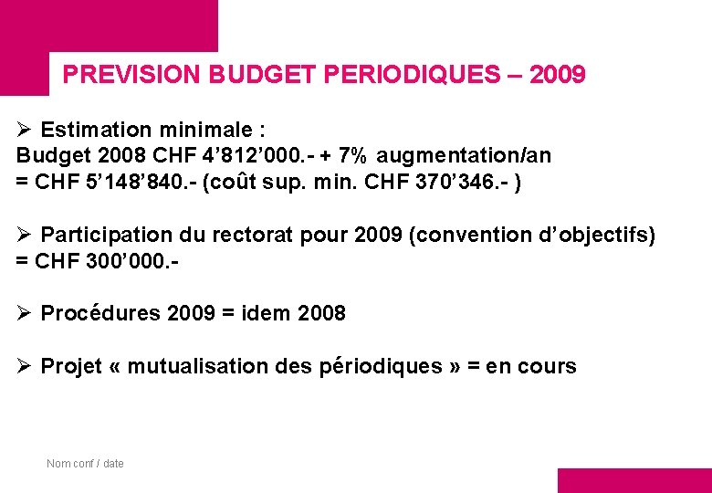 PREVISION BUDGET PERIODIQUES – 2009 Ø Estimation minimale : Budget 2008 CHF 4’ 812’