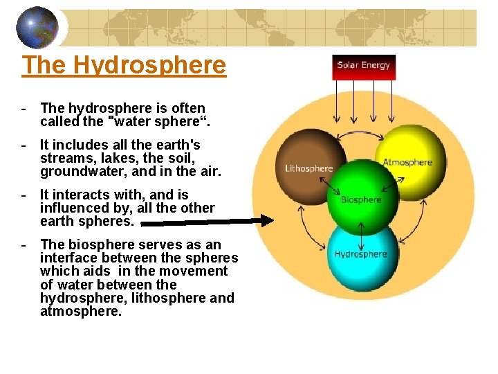 The Hydrosphere - The hydrosphere is often called the "water sphere“. - It includes