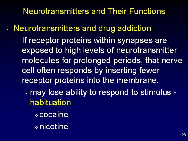 Neurotransmitters and Their Functions • Neurotransmitters and drug addiction – If receptor proteins within