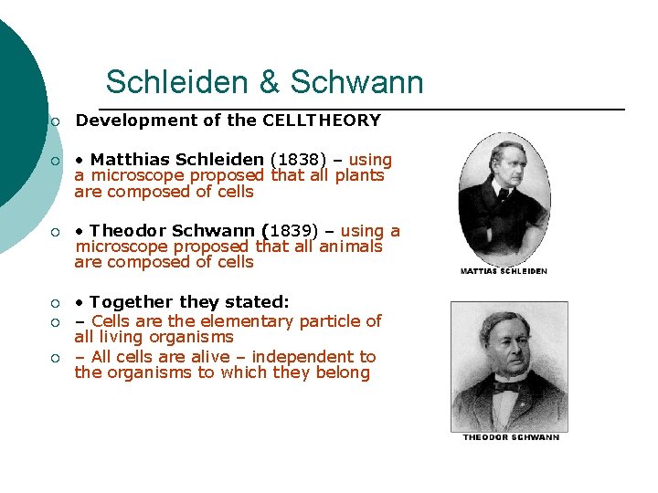 Schleiden & Schwann ¡ Development of the CELLTHEORY ¡ • Matthias Schleiden (1838) –