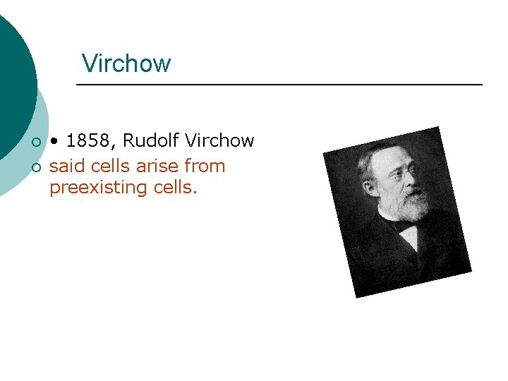 Virchow ¡ ¡ • 1858, Rudolf Virchow said cells arise from preexisting cells. 