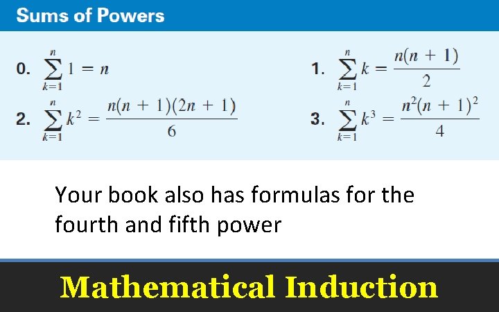 Your book also has formulas for the fourth and fifth power Mathematical Induction 