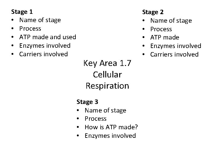 Stage 1 • Name of stage • Process • ATP made and used •