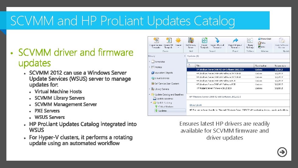 SCVMM and HP Pro. Liant Updates Catalog • Ensures latest HP drivers are readily