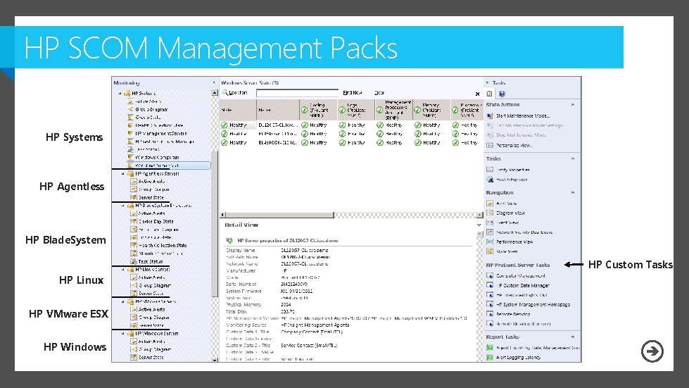 HP SCOM Management Packs HP Systems HP Agentless HP Blade. System HP Custom Tasks