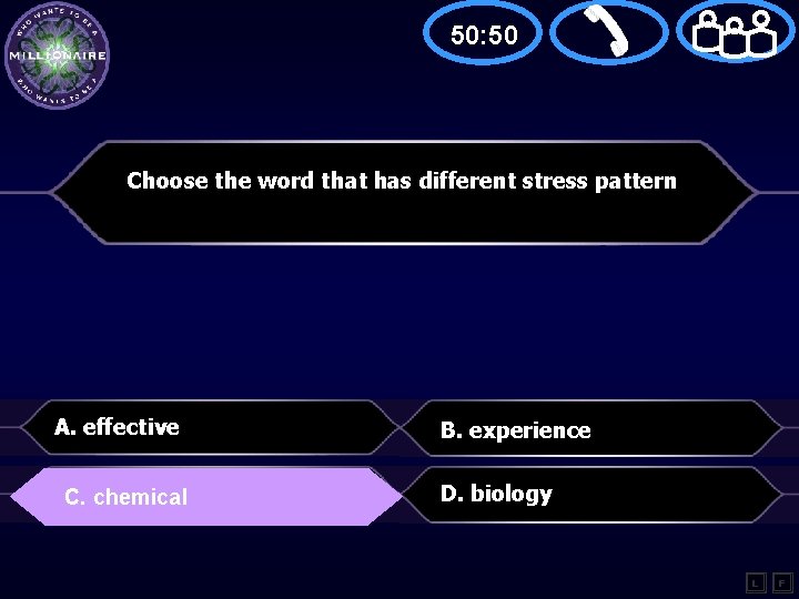 50: 50 Choose the word that has different stress pattern A. effective B. experience
