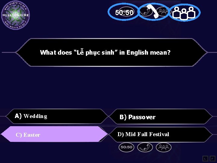 50: 50 What does “Lễ phục sinh” in English mean? A) Wedding C) C)