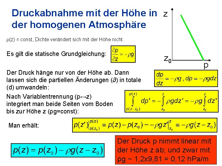 Druckabnahme mit der Höhe in z der homogenen Atmosphäre r(z) = const, Dichte verändert
