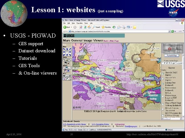 Lesson 1: websites (just a sampling) • USGS - PIGWAD – – – GIS