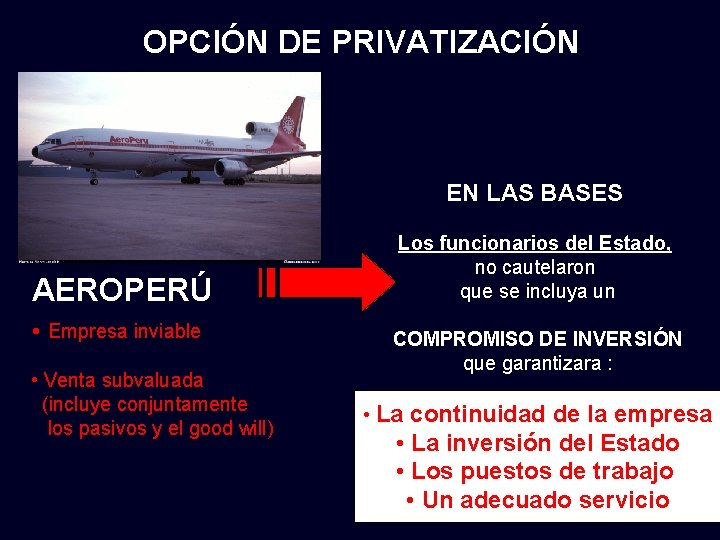 OPCIÓN DE PRIVATIZACIÓN EN LAS BASES AEROPERÚ • Empresa inviable • Venta subvaluada (incluye