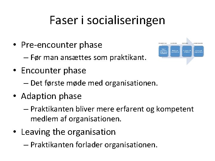 Faser i socialiseringen • Pre-encounter phase – Før man ansættes som praktikant. • Encounter