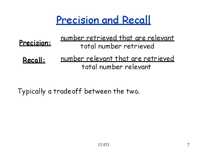 Precision and Recall Precision: number retrieved that are relevant total number retrieved Recall: number