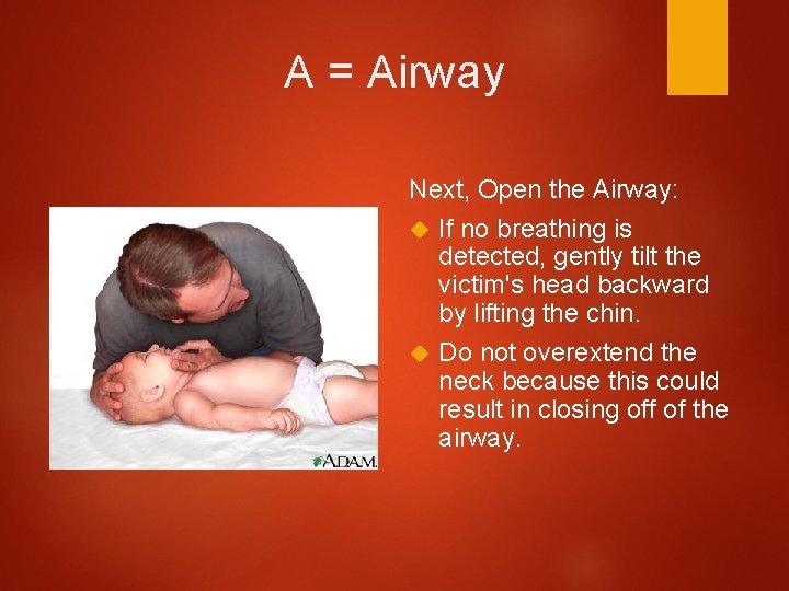 A = Airway Next, Open the Airway: If no breathing is detected, gently tilt